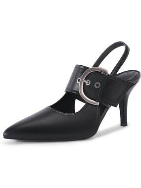 Women's Black Slingback Pumps Pointed Toe High Heels Belt Buckle Strap Shoes